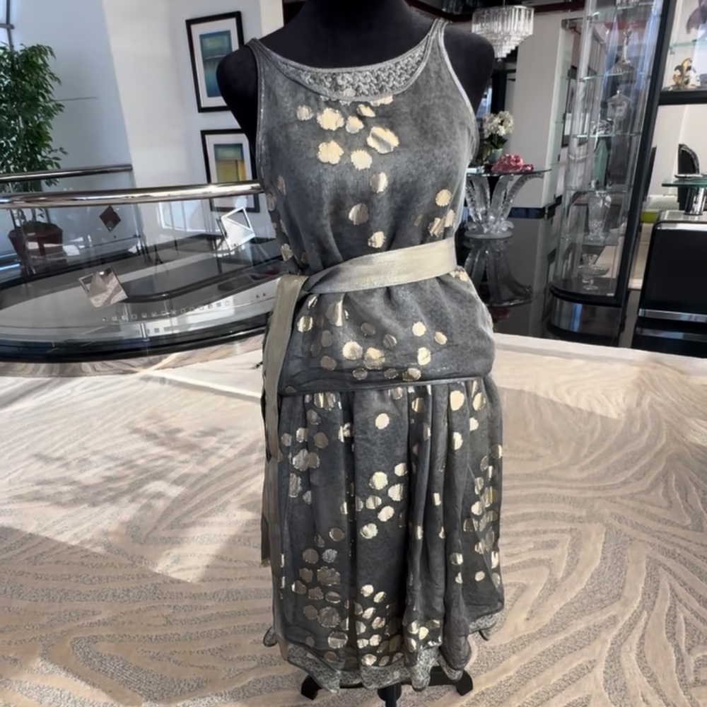 Vintage Formal Gray Dress with Gold Polka Dots